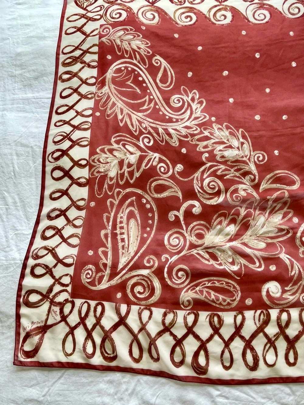 Geri Brown Rust and Cream Paisley almost Square Scarf- translucent